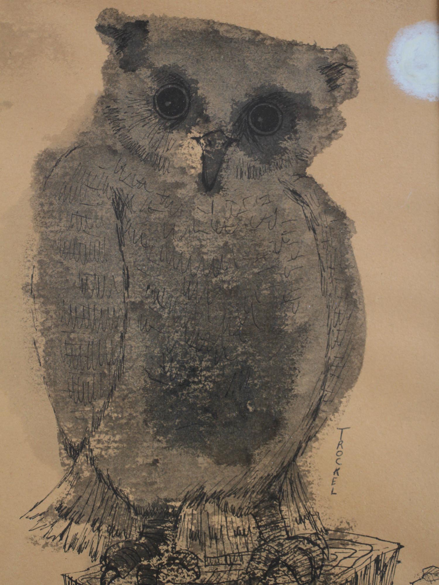 AN INK & INK WASH OWL PAINTING BY SUSAN TROCKEL PIC-1